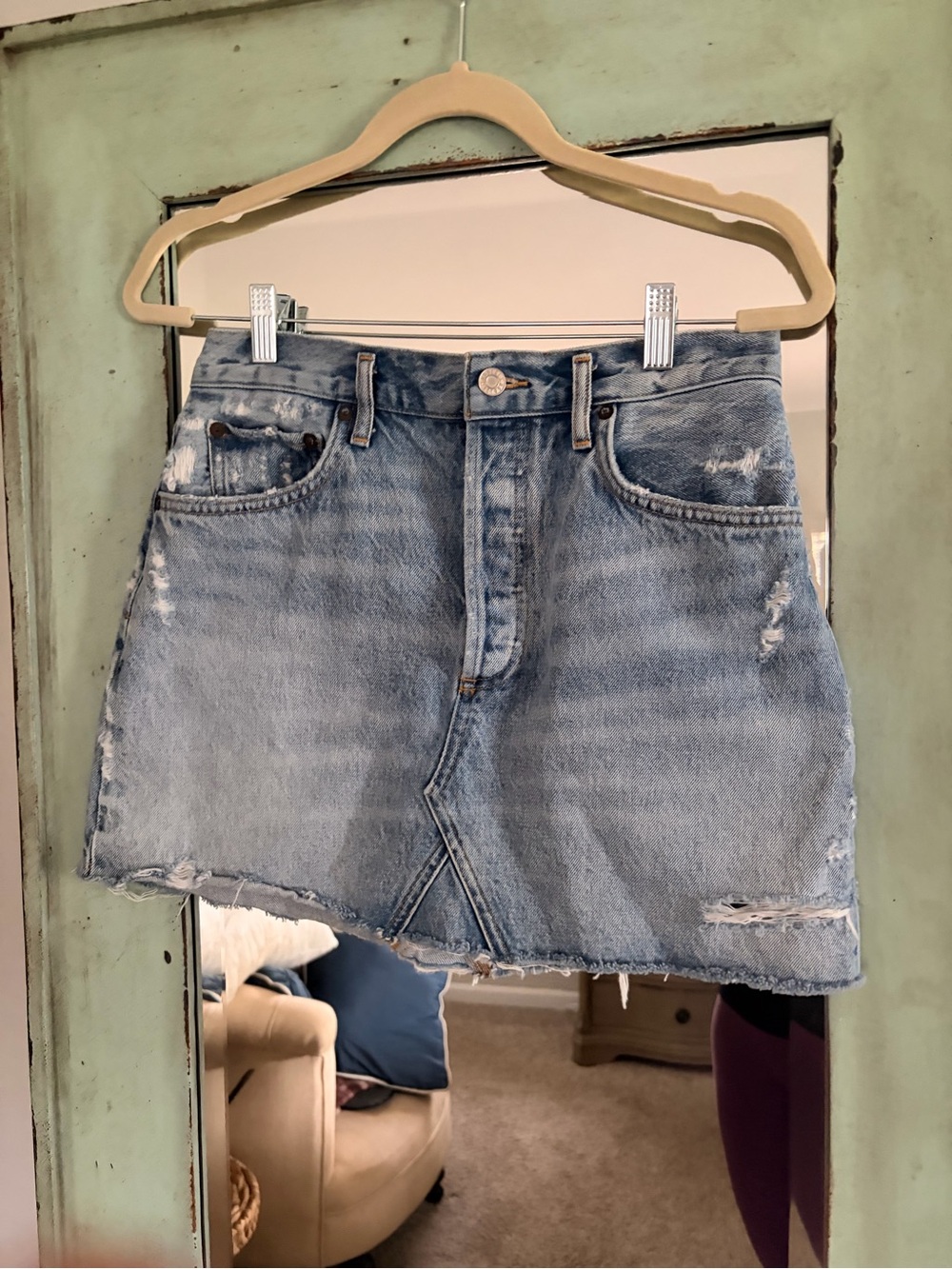 Agolde Light Blue Distressed Denim Mini Skirt